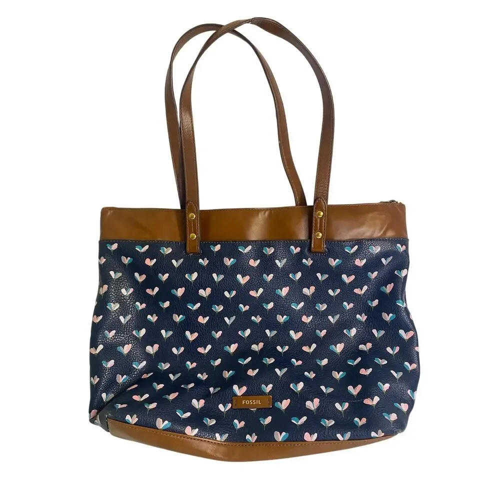Fossil Anna Blue Heart Large Shoulder Tote Bag Leather Preppy Collegiate - Picture 1 of 14